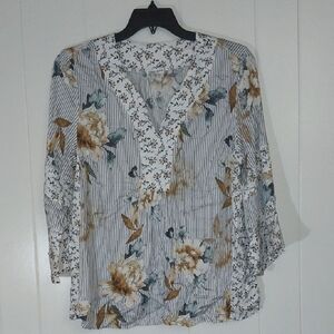 Floral Striped V-Neck Women's Top Tribal Jeans Large